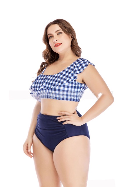 Bộ bikini big size nữ lưng cao áo lệch vai xanh caro size 75-105kg