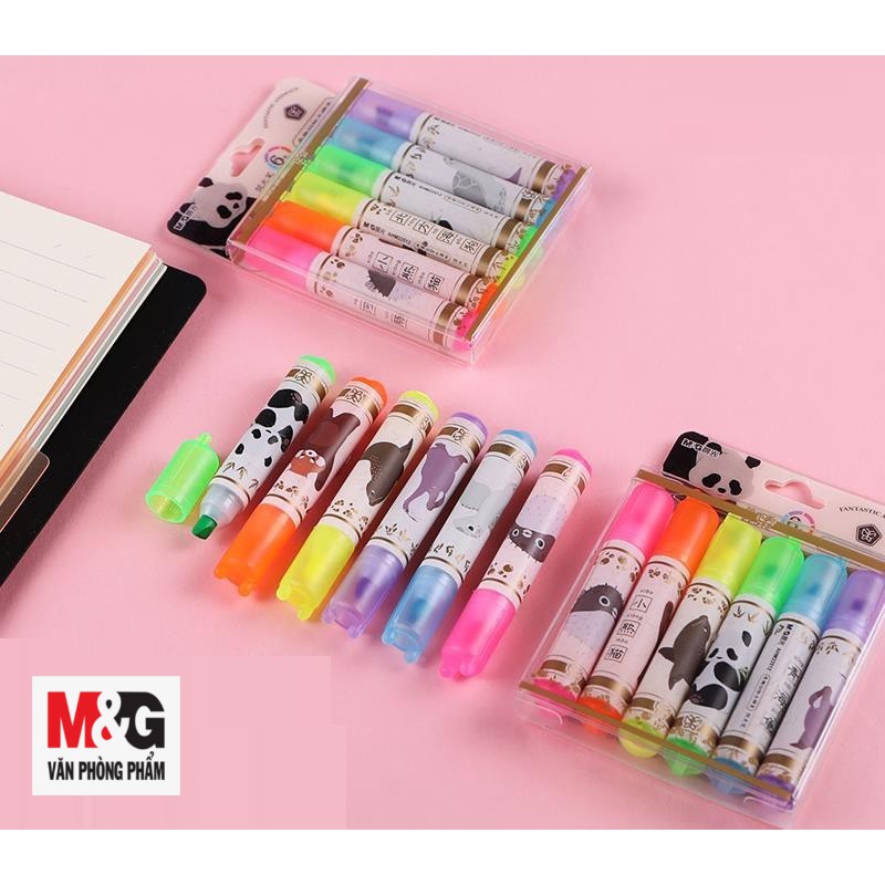 Bộ 6 Màu Dạ Quang M&amp;G AHM22512 hình gấu Panda, ngòi 2mm