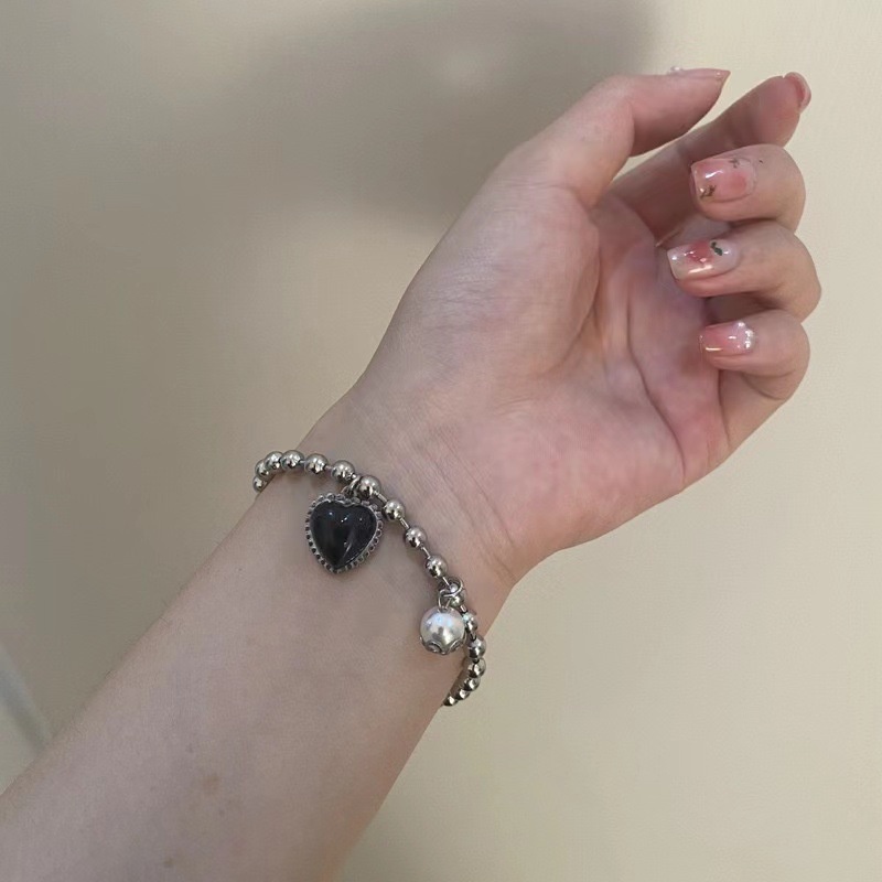 Vòng Đeo Tay Bằng Thép Titan Màu Đen Đính Ngọc Trai  191187Vòng Đeo Tay Kiểu Hip-Hop Cá Tính