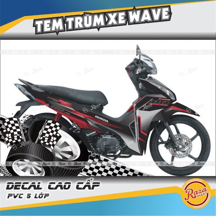 Tem Trùm xe WAVE RSX màu đỏ đen | Decal PVC 5 lớp cao cấp | Mã tem: WAV 728