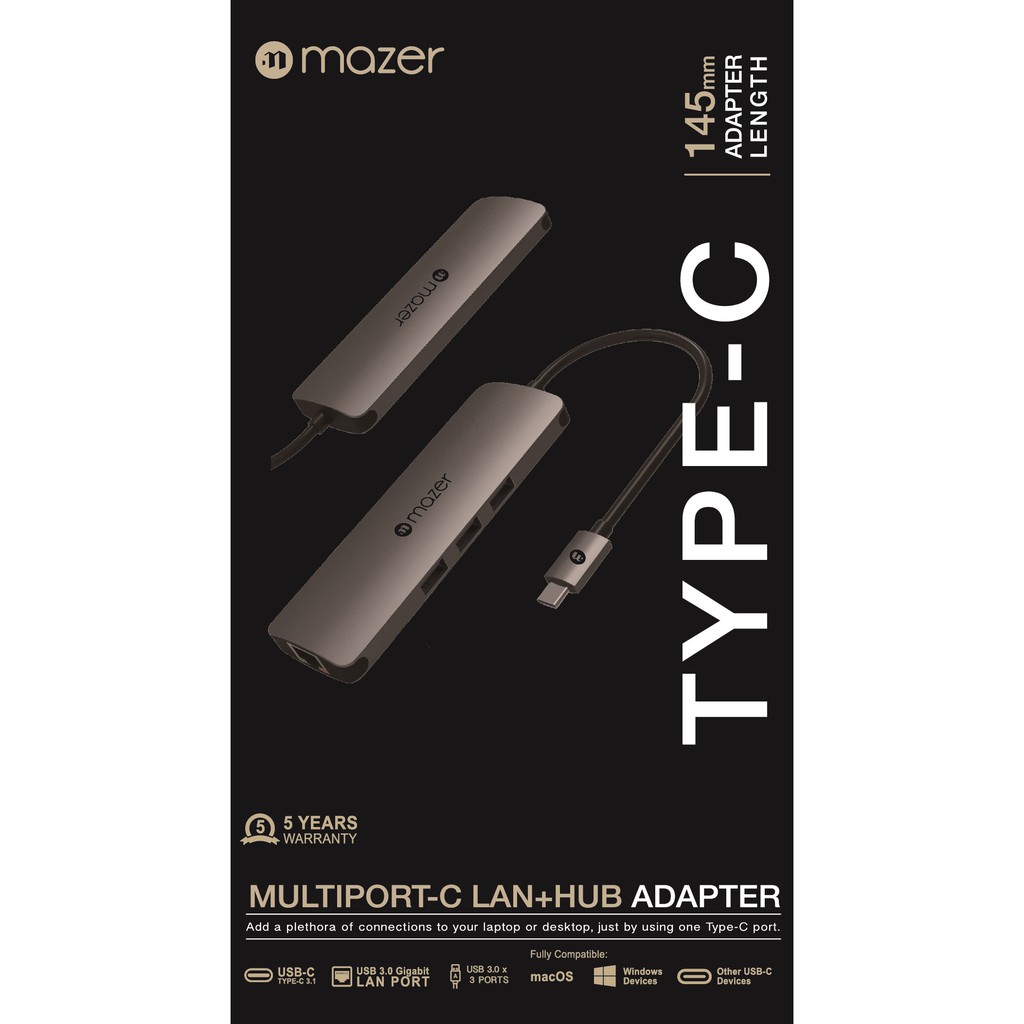 [Mã BMBAU200 giảm 200K đơn 699K] Cổng Chuyển Đổi Mazer USB-C to USB3.0 X3 + Gigabyte Lan Adapter