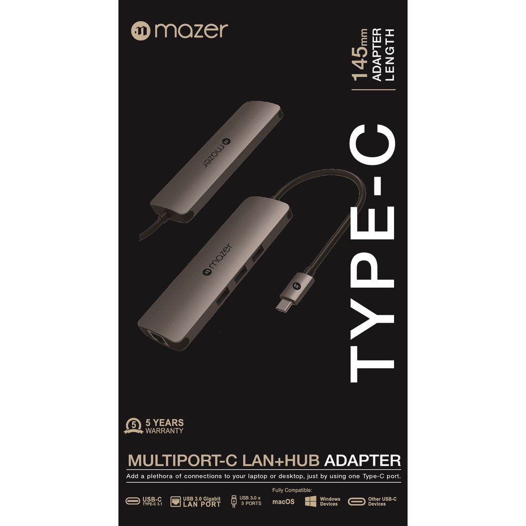 Cổng Chuyển Đổi Mazer USB-C to USB3.0 X3 + Gigabyte Lan Adapter