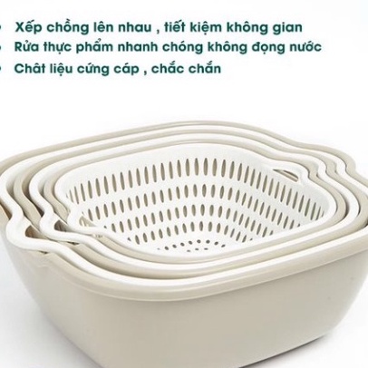 Bộ 3 rổ vuông 2 lớp Việt Nhật- Bộ rổ kèm chậu hứng nước rửa rau củ đựng hoa quả trái cây