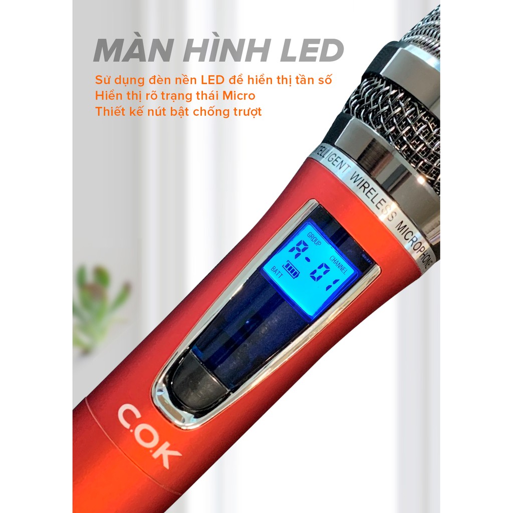 Bộ 2 Micro Karaoke Không Dây Cao Cấp COK ST-212 - Thời Lượng Pin 10h Màn Hình LED Chống Nhiễu Chống Hú Lọc Âm