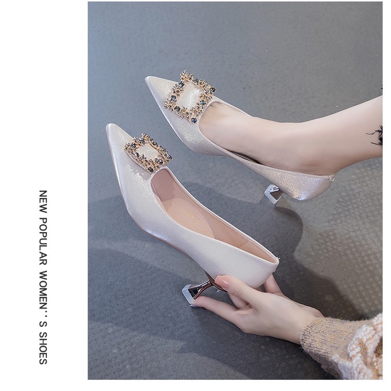 Giày Cao Gót Mũi Nhọn Cài Khóa Vuông Màu Sắc Nude Thời Trang Xuân Thu Dành Cho Nữ 2022