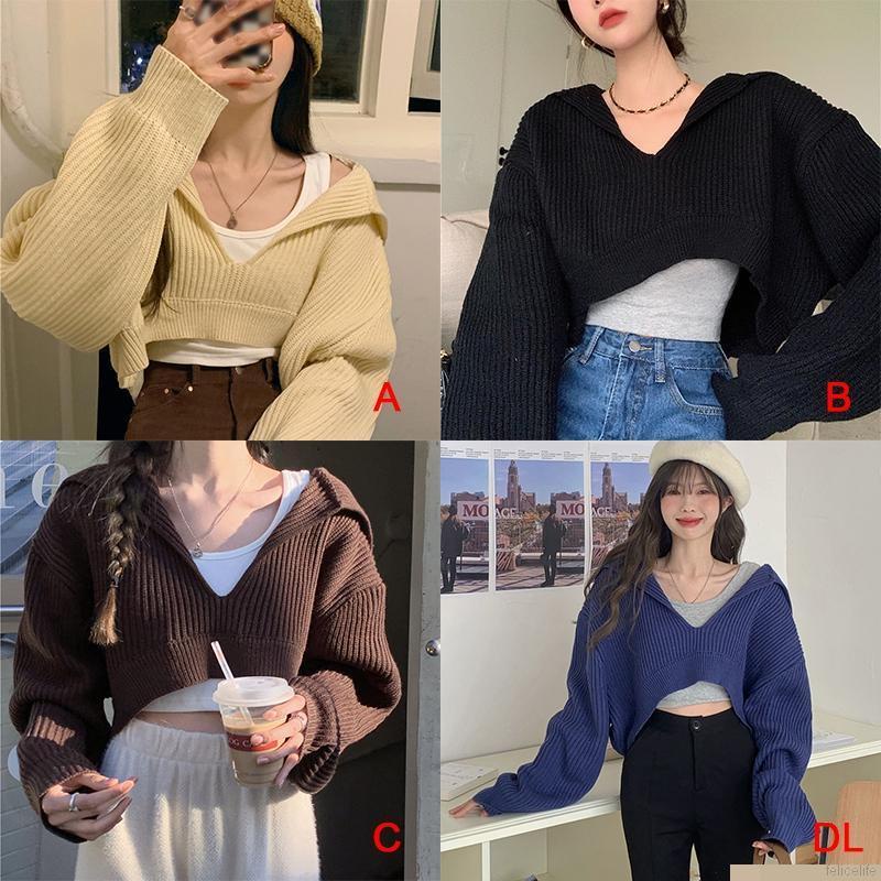 Áo Croptop Dệt Kim Tay Dài Cổ Chữ V Dáng Rộng Thời Trang Thu Đông Cho Nữ