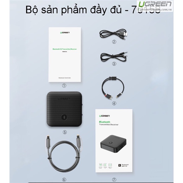 Bộ thu và phát Bluetooth 5.0 chuẩn SPDIF optical, AUX Ugreen 70158 - Hàng chính hãng