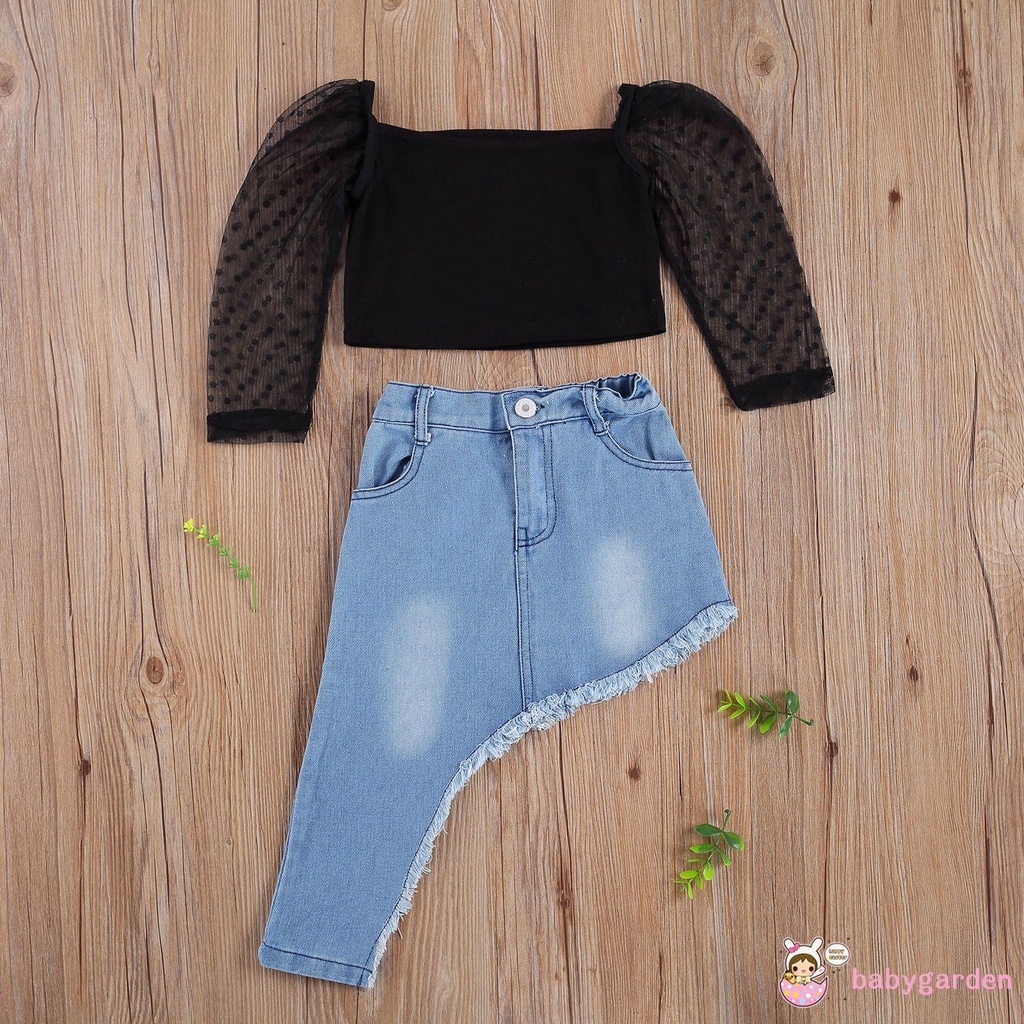 Áo Crop Top Tay Dài Xuyên Thấu Chấm Bi + Chân Váy Cho Bé Gái