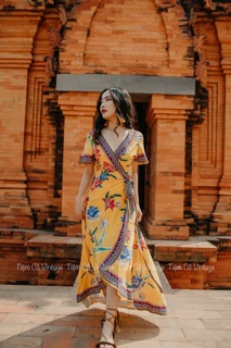 Váy boho vạt chéo sẵn 2 màu: đỏ, vàng