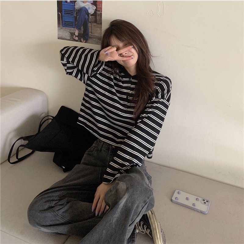 【ZHELIHANGFEI】Áo Thun POLO Tay Dài Form Rộng Họa Tiết Sọc Dễ Phối Đồ