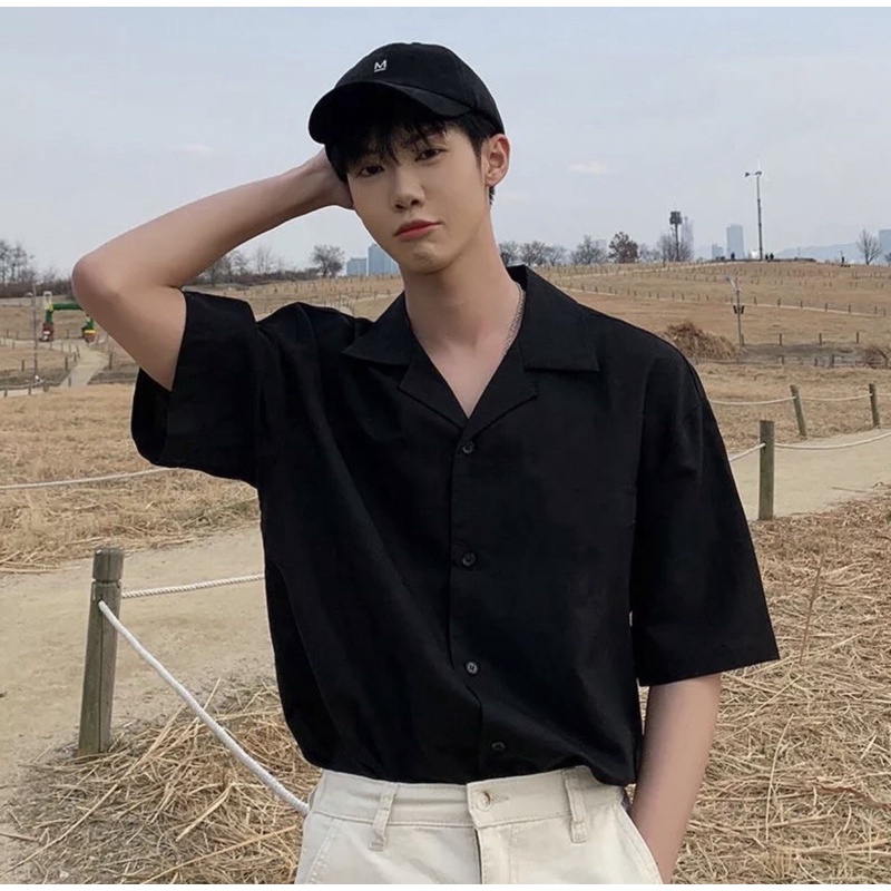 [Hàng VNXK-Ảnh thật] Áo sơ mi ngắn tay nam nữ cổ vest form rộng vải cotton lụa trơn mát đang hot bán chạy hiện nay