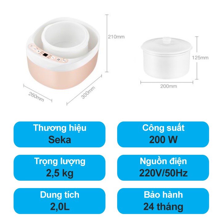 Nồi Hầm, Nấu Cháo Chậm Hẹn Giờ Thông Minh Seka, Cách Thủy 4 in 1 - Nồi Chưng Yến Cực Kì Tiện Lợi Lõi Sứ, Dung Tích 1L-2L