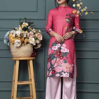 Set áo dài gấm hoa mẫu đơn đỏ