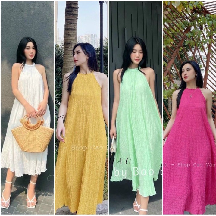 Đầm Maxi cổ yếm from rộng Bầu Bí đều vừa ạ chất vải Xốp dày dặn cam kết hàng y hình