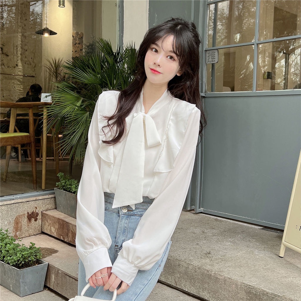 Áo Sơ Mi Trắng Đính Nơ Phong Cách Phương Tây Cho Nữ