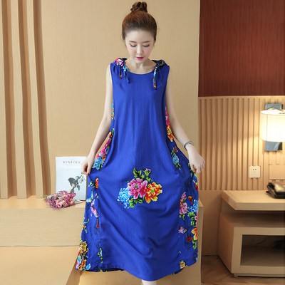 Trang phục nữ size lớn phong cách dân tộc mùa hè 2021 váy liền cotton và vải lanh in hoa cổ điển rộng rãi váy dài du lịc