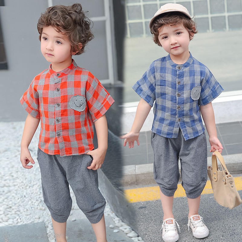 Áo sơ mi caro tay ngắn + quần short thời trang cho bé trai