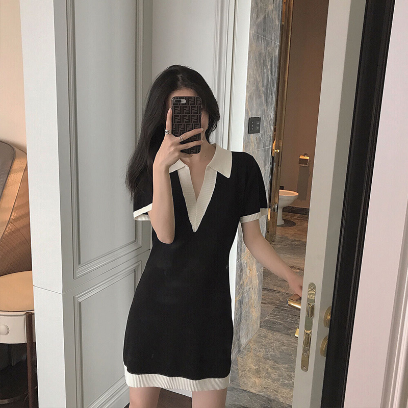 SUXI Đầm dệt kim ngắn tay cổ chữ V phong cách retro xinh xắn cho nữ