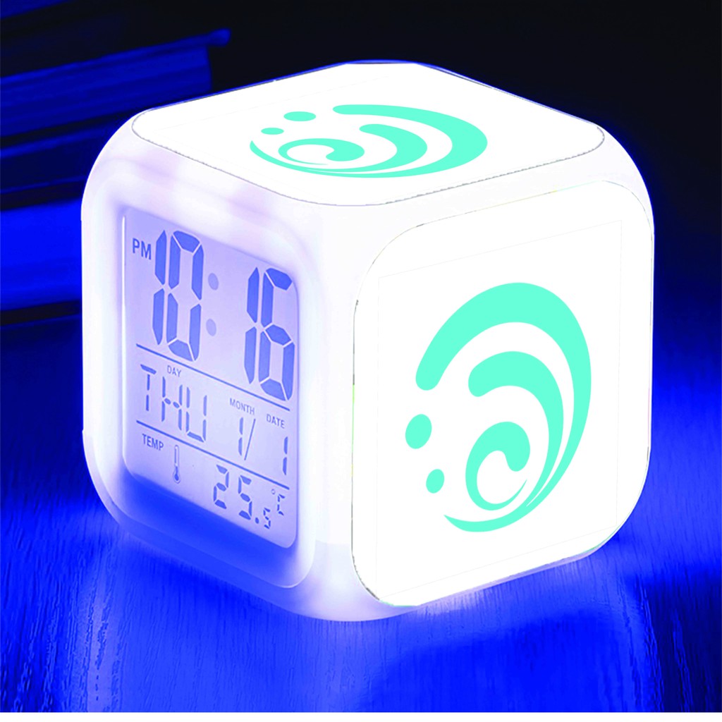 Đồng hồ báo thức để bàn in hình NGUYÊN TỐ VISION GENSHIN IMPACT game chibi anime đèn LED đổi màu M3