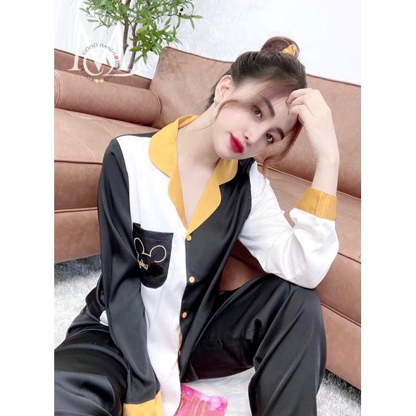 Bộ ngủ pijama nữ Bigsize lụa satin Mickeyy phối đen vàng độc đáo sang chảnh