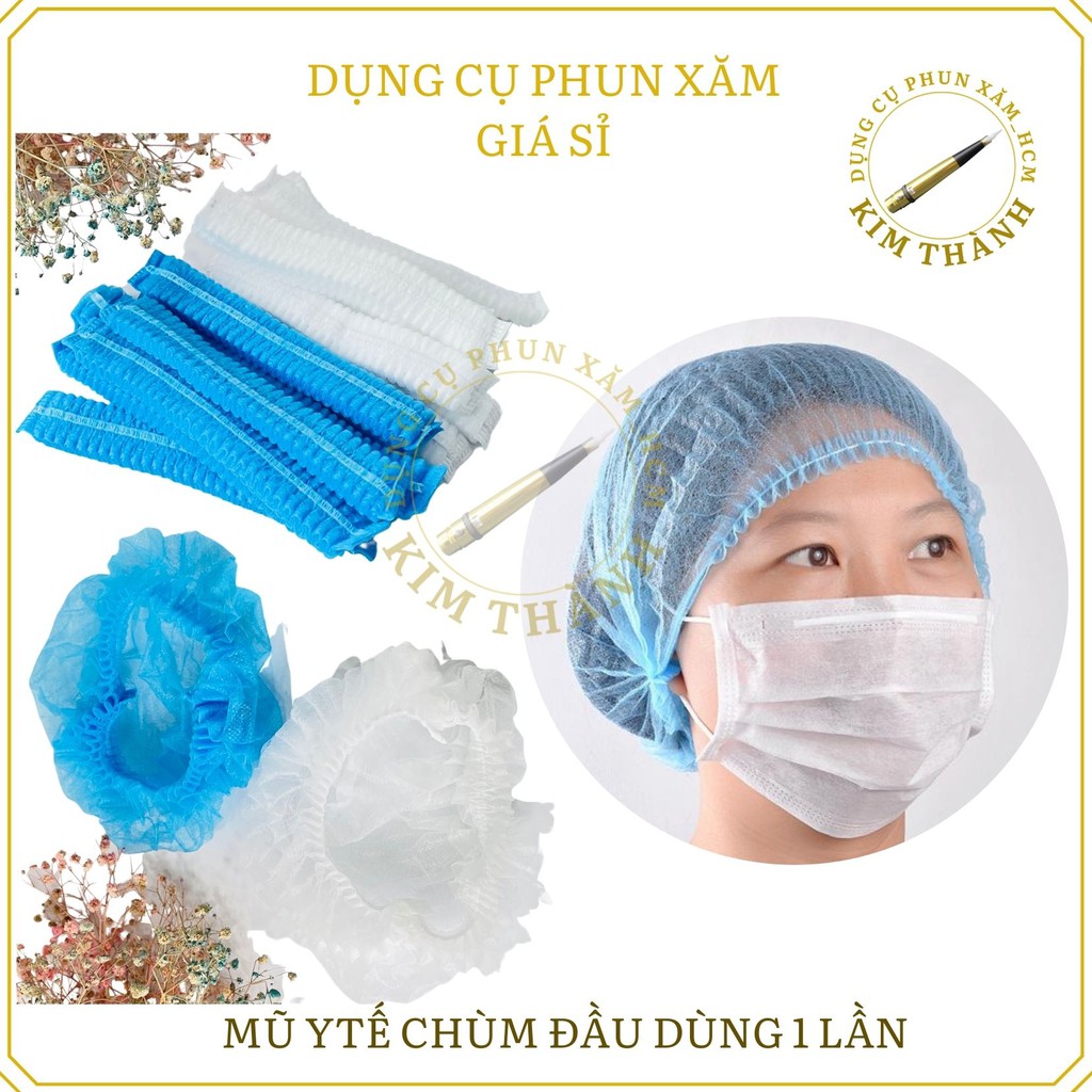 MŨ YTẾ CHÙM ĐẦU DÙNG 1LẦN ,Mũ con sâu, Nón giấy tiệt trùng dùng trong phun xăm,thẳm mỹ viện, spa.