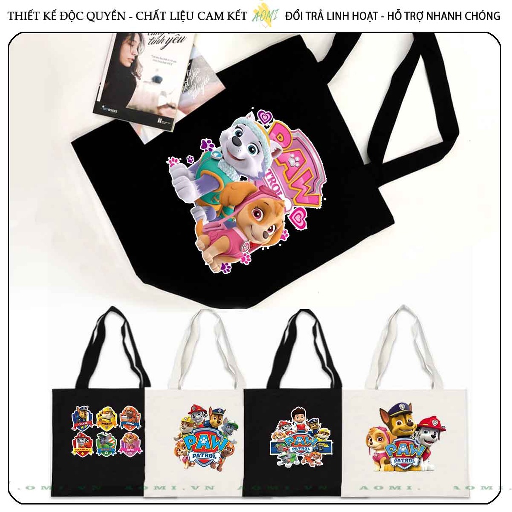 TOTE CANVAS đội chó cứu hộ trẻ em TÚI VẢI ĐEO VAI BAG CÓ KHÓA KÉO SIZE LỚN 33x38cm AOMIVN DU LỊCH DẠO PHỐ