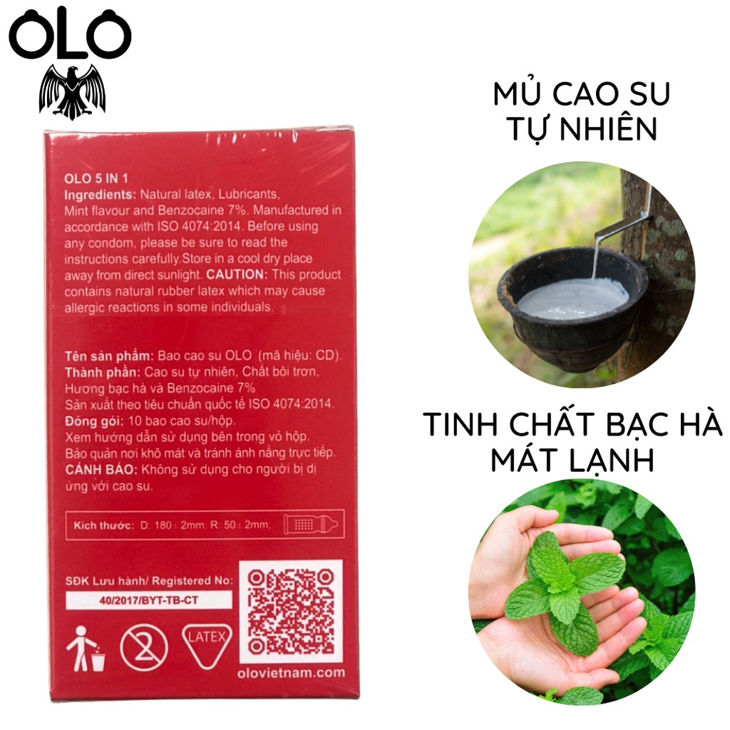 Bao cao su OLO 5IN1 GÂN GAI 10 bao/hộp kéo dài thời gian tinh dầu bạc hà siêu mỏng chống tuột