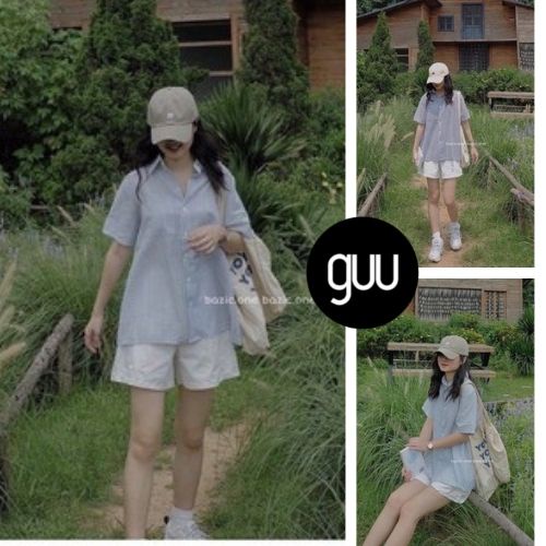 Áo sơ mi nữ form rộng tay lỡ kẻ sọc kèm quần short trắng freesize dáng Ulzzang GUU