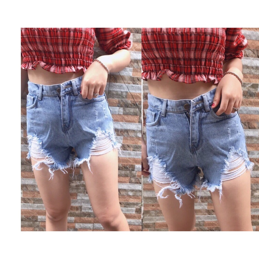 Quần short jean nữ rách 2 bên cào tưa xanh nhạt thời trang Kal670