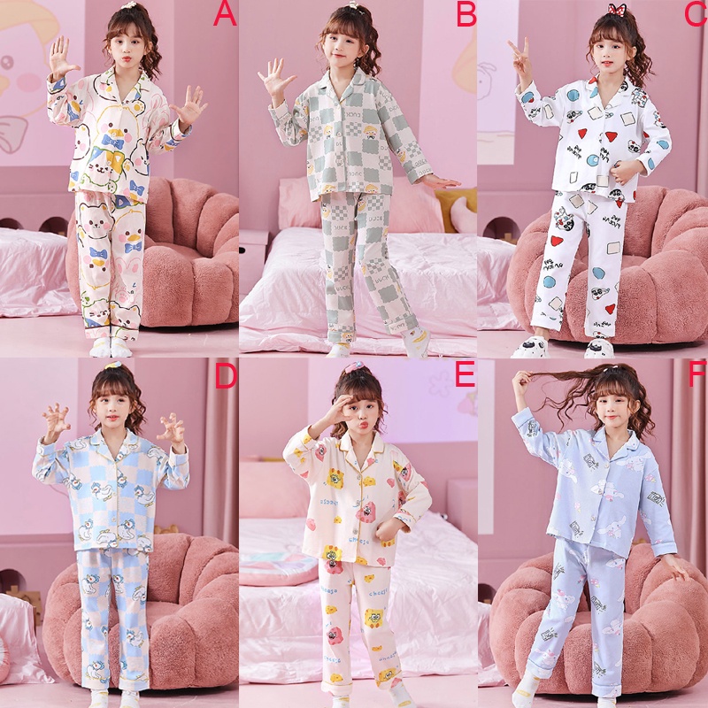 Bộ Đồ Ngủ Tay Dài Chất Cotton In Họa Tiết Hoạt Hình Phong Cách Hàn Quốc Xinh Xắn Cho Bé Gái