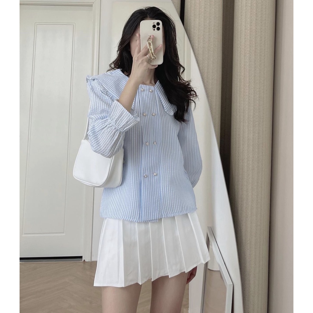 Áo sơ mi nữ dài tay kẻ sọc cổ bèo cúc ngực cách điệu chất xốp không nhăn 2 màu xinh xắn