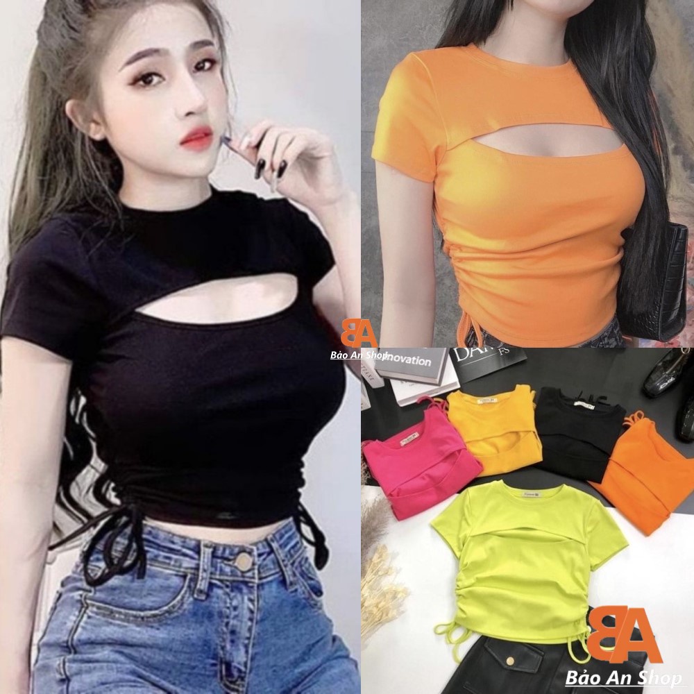 Áo croptop nữ rút dây eo kiểu khoét ngực cá tính