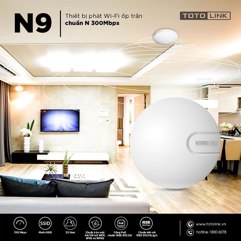 Bộ phát WiFi ốp trần TOTOLINK N9 - V2 chuẩn N tốc độ 300Mbps [ CA1200 TENDA I24 n600r ac5 ] - Chính hãng Bảo hành 24 T