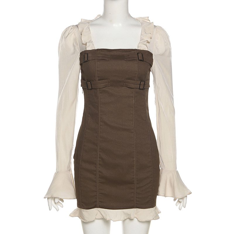 Đầm mini cổ vuông tay dài ống loe ôm dáng thời trang mùa thu cho nữ