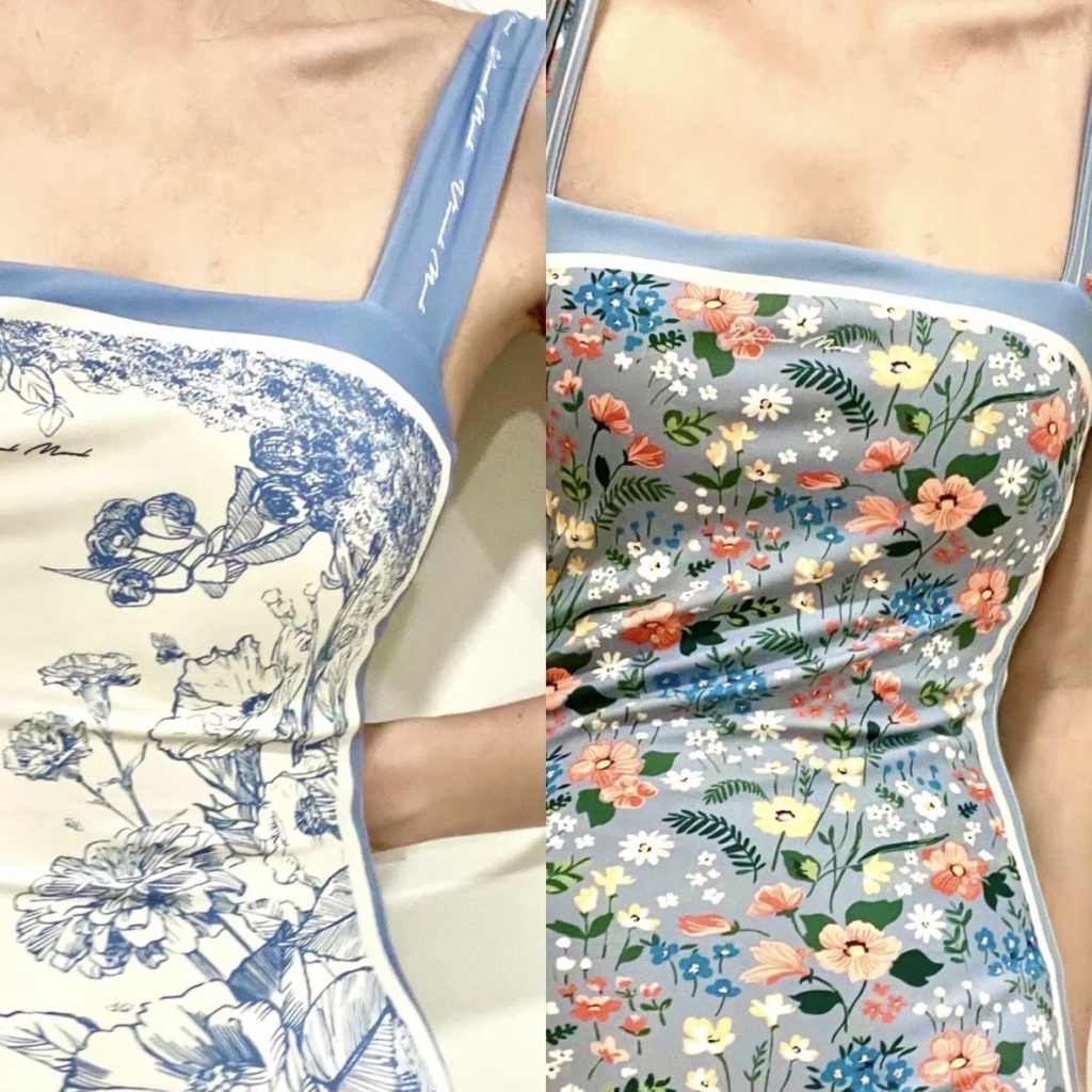 [Swimsuit] Bộ Đồ Bơi Một Mảnh Cột Dây Hai Mặt In Họa Tiết Kiểu Pháp Cổ Điển Quyến Rũ Cho Nữ