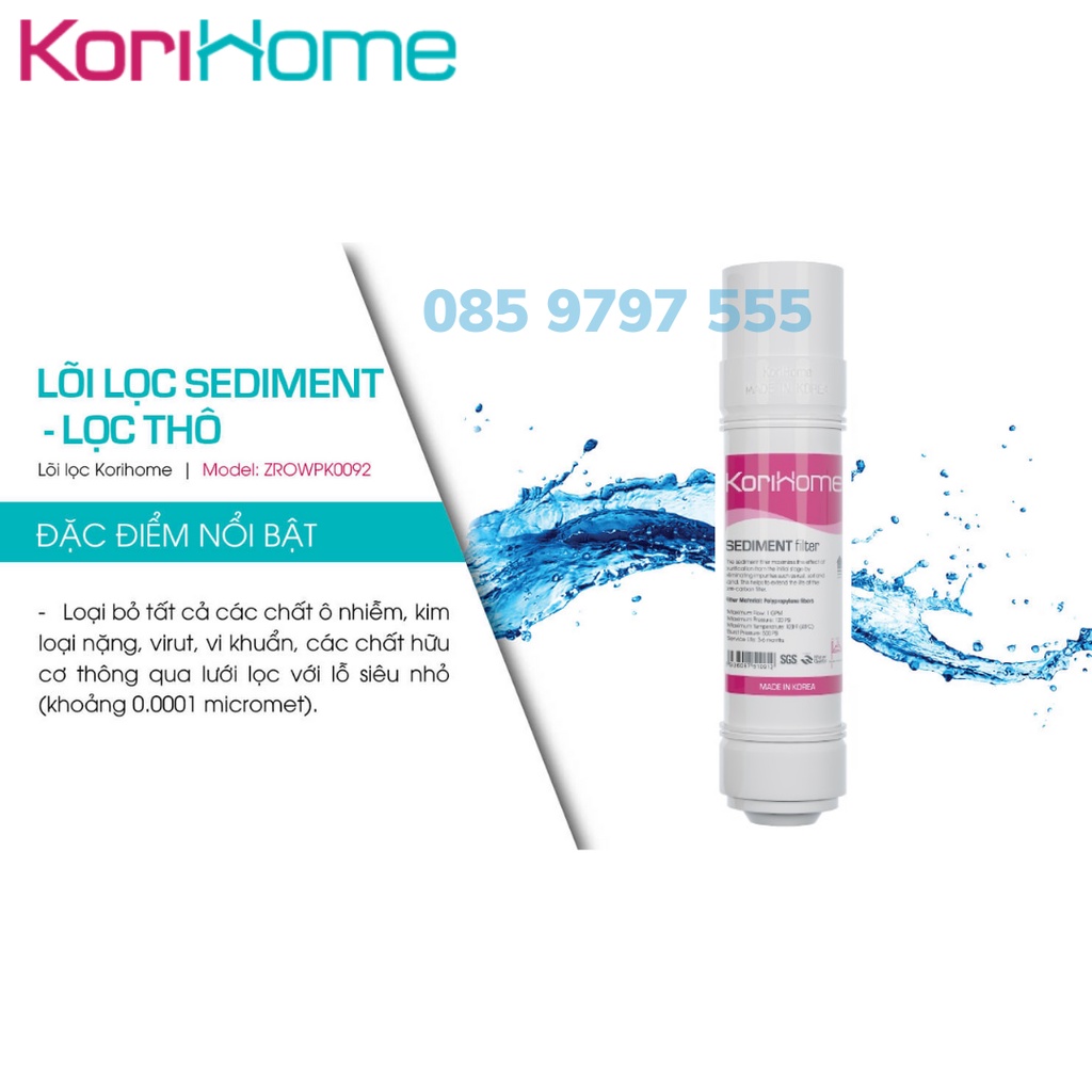 Lõi lọc Sidiment Korihome chính hãng - dùng cho máy lọc nước Korihome- Lọc nước 247 max rẻ