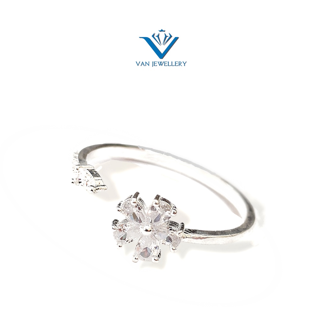 Nhẫn bạc nhẫn Hoa nhỏ nạm đá trắng Van Jewelry V10015 tự điều chỉnh size tay