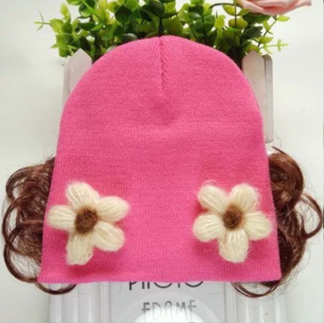 Mũ len tóc giả giữ ấm thời trang cho bé gái 5 tháng - 3 tuổi