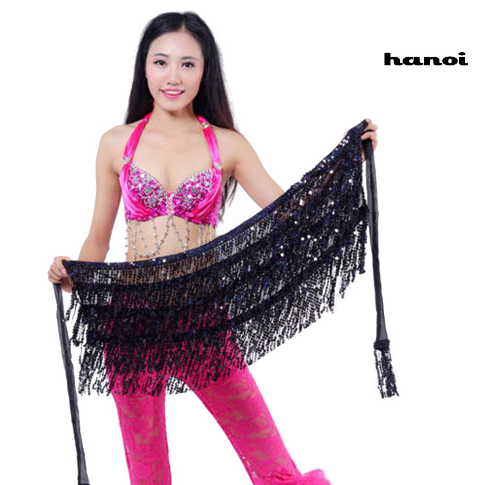 Chân váy đính kim sa phối tua cho vũ công múa bụng