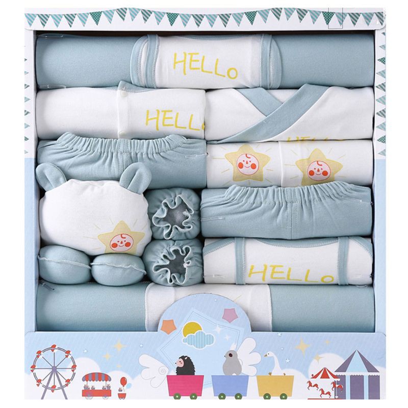 Set đồ 16 món vải cotton với quần dài yếm nón găng tay vớ dành cho em bé sơ sinh
