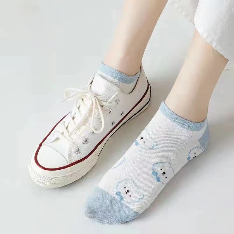 Tất vớ nữ cổ thấp cotton mỏng thoáng hoạ tiết Gấu xanh dương dễ thương