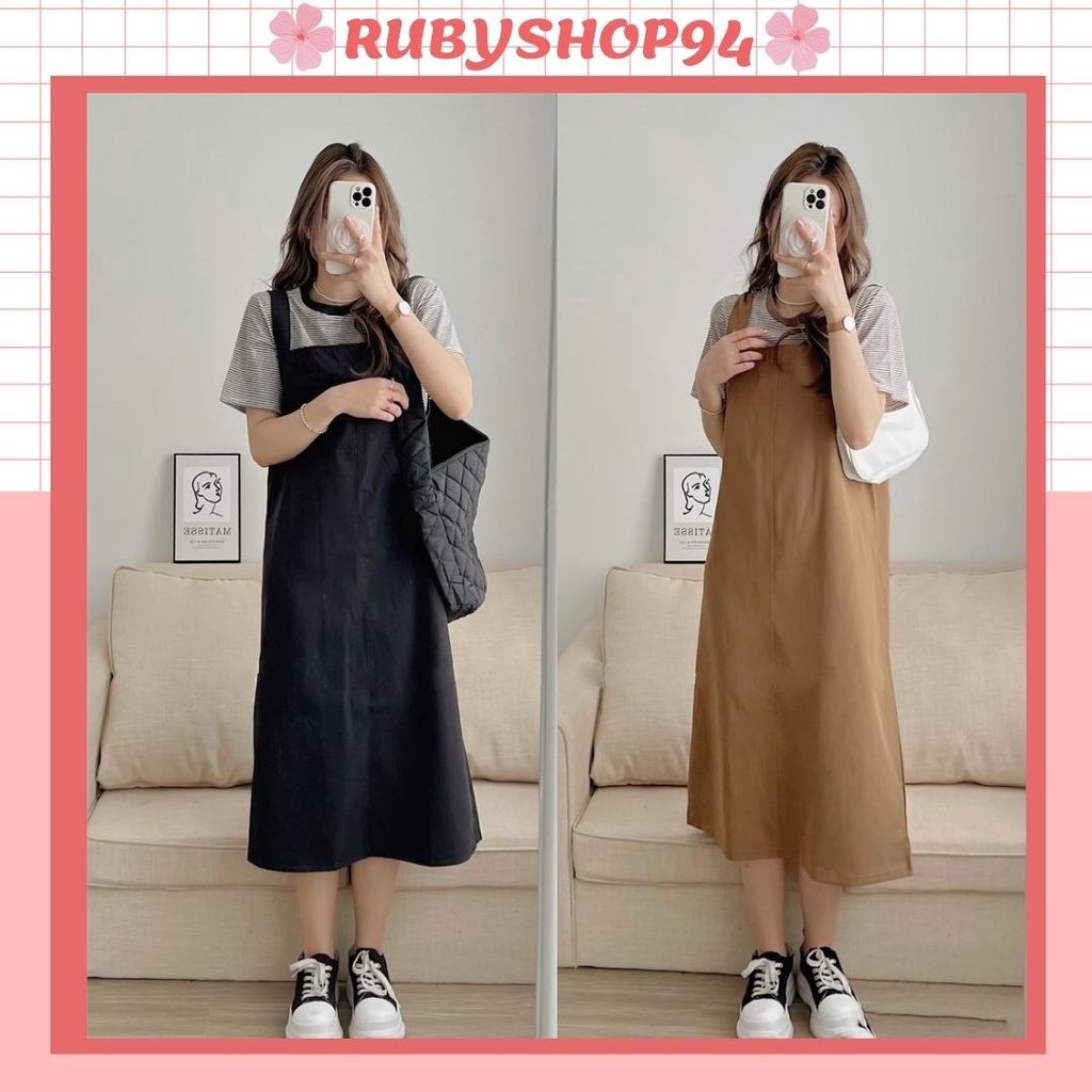 Set yếm kaki dáng dài kèm áo phông cổ tròn kẻ sọc 2 màu xinh xắn phong cách Hàn quốc