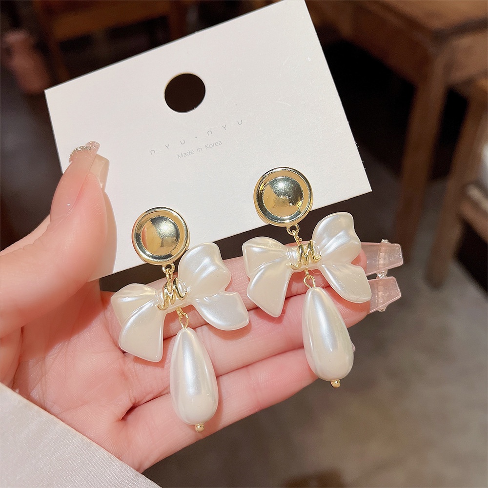 Bông Tai Mạ Bạc 925 Hình Nơ Đính Ngọc Trai Phong Cách Hàn Quốc