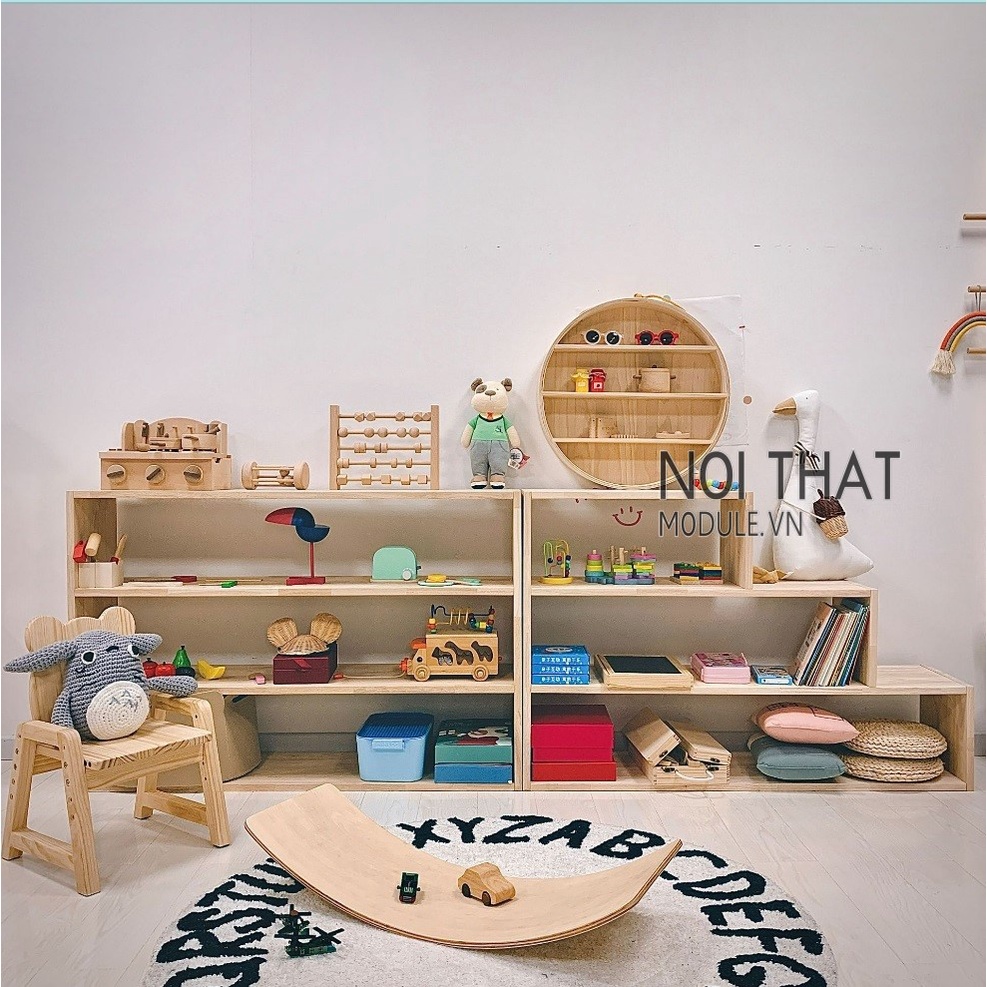 Kệ sách cho bé 3 tầng, kệ để đồ chơi cho trẻ gỗ thông tự nhiên