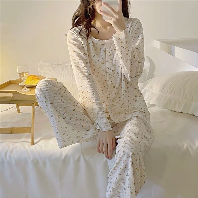 Bộ đồ ngủ, đồ mặc dài tay ở nhà tiết in hoa nhí trẻ trung nhẹ nhàng nữ tính 2021 Bộ đồ ngủ tay dài in họa tiết hoa phong