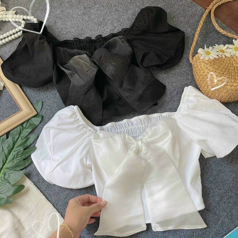 Áo sơ mi ngắn tay phồng đính nơ to (A15&amp;PC)