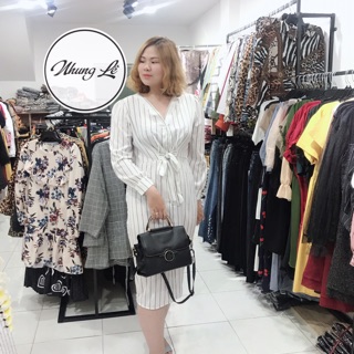 Đầm sơ mi sọc bigsize cột nơ eo trắng - đen - hồng