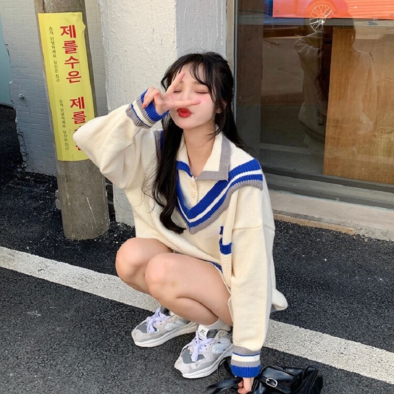 Áo thun polo ZHELIHANGFEI dài tay giả hai lớp phong cách preppy dễ phối đồ cho nữ