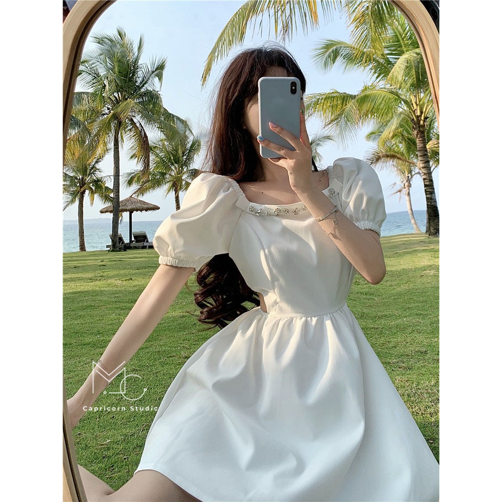 Váy/ Đầm thiết kế cổ vuông tay phồng phong cách Hàn Quốc Ulzzang cực xinh
