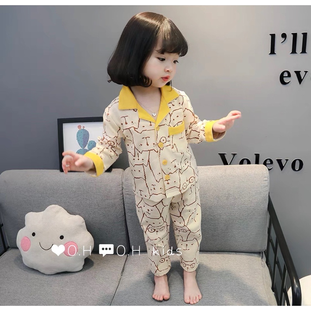 [Siêu Sale] BỘ PIJAMA CHẤT ĐŨI IN MẶT MÈO CHO BÉ TRAI BÉ GÁI XINH XẮN SIZE 9-19KG